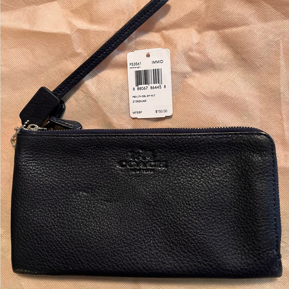 COACH Pebble Leather Double Zip Wallet MIDNIGHT DARK NAVY